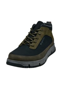 Schwarze und olivgrüne High-Top-Schuhe aus strukturiertem Material, mit Schnürdesign, gepolstertem Kragen und robustem Gummisohle.