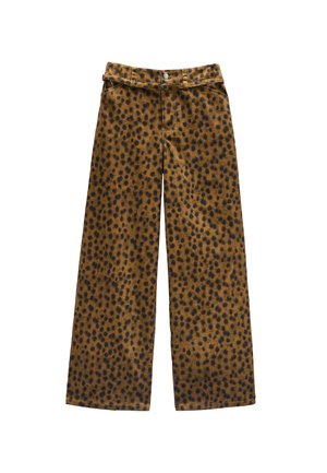 Spodnie z szerokimi nogawkami w brązowo-czarny wzór w panterkę, z szlufkami na pasek, zapięciem na guziki z przodu oraz zamkiem błyskawicznym.