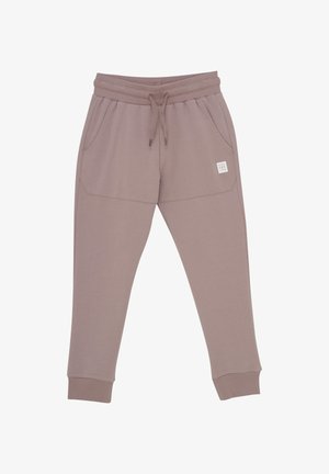 Jasnofioletowe spodnie dresowe wykonane z miękkiego materiału, z elastycznym pasem ze sznurkiem, dwoma bocznymi kieszeniami i ściągaczami na nogawkach. Naszywka z logo z przodu.