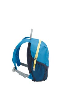 Kinder rugzak in blauw en marineblauw, met een gele rits, een mesh zak, ergonomische schouderbanden en leuke grafische details aan de voorkant.