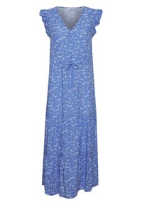 Blå blommig maxiklänning med korta, volangärmar, V-ringning och en knytdetalj vid midjan. Har en flerfaldig kjol med mjuk textur.