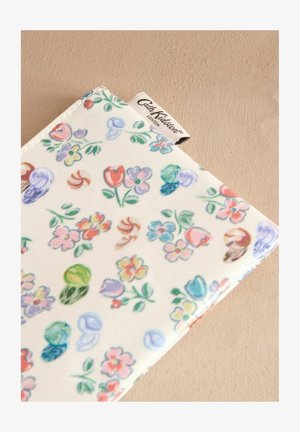 Portofel cu imprimeu floral dintr-un amestec de bumbac, cu flori și scoici colorate în nuanțe pastel pe un fundal crem. Accentuat cu un etichetă de marcă.