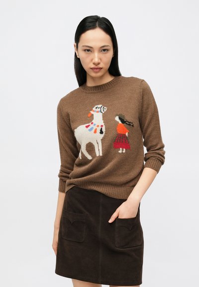 Naine, kellel on seljas pruun kampsun värvika laama ja tüdruku graafikaga, kombineeritud tumepruuni esitetaskutega seeliku ning poseerimas heleda tausta ees.