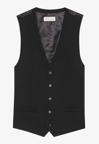 Schwarze ärmellose Weste mit tiefem V-Ausschnitt, fünf Knopfverschlüssen, zwei Fronttaschen und einem satinierten Futter. Glatte Textur mit maßgeschneidertem Design.