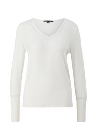 Biały sweter z dekoltem w serek, wykonany z miękkiej dzianiny. Posiada długie rękawy z prążkowanymi ściągaczami oraz subtelną fakturę na całej powierzchni.