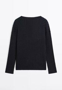 Schwarzer Strickpullover mit Zopfmuster, langen Ärmeln und rundem Ausschnitt, flachliegend mit der Rückseite nach oben auf einem weißen Hintergrund.