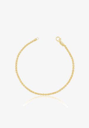 Bracciale intrecciato color oro con chiusura a moschettone sicura, caratterizzato da una superficie liscia e un design delicato.