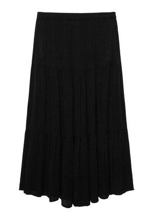 Schwarzer, gestufter Midirock mit elastischem Bund und fließenden Stoffbahnen, die einen mehrlagigen, gerafften Effekt erzeugen.