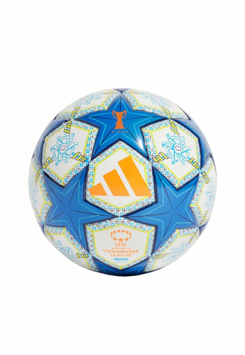 Nogometna lopta plave i bijele boje s uzorkom, na kojoj se nalaze petokrake zvijezde, brending UEFA UEFAŽenske Lige prvaka i narančasti logotip.
