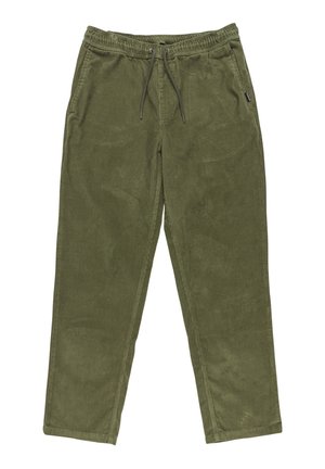Olive green corduroy trousers with a relaxed fit, elastic waistband, and drawstring. Features side pockets and pinstripe texture.