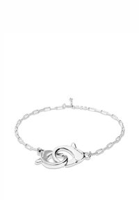 Bracelet en argent présentant des boucles entrelacées, avec un design en maillons de chaîne et une texture lisse. Esthétique minimaliste avec une finition polie.