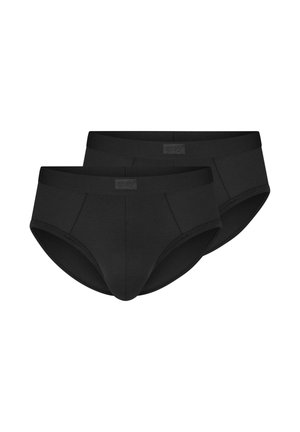 Two plain black men's briefs with elastic waistbands, displayed against a white background.