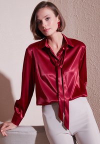 Red satin blouse with long sleeves, a collar, and a tied front. Smooth texture and sheen, paired with light-colored fitted pants.