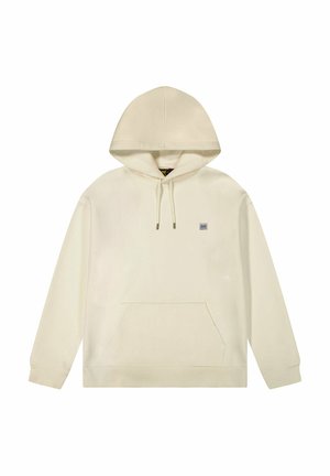 Krämfärgad hoodie med framficka, snoddhuva och en liten logotyp på bröstet. Slät tygkvalitet och avslappnad passform.