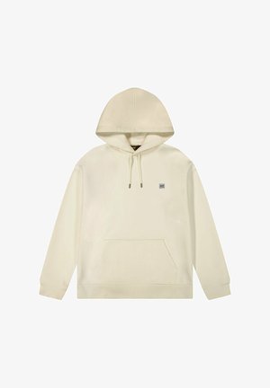 Cremefarbener Hoodie mit einer Fronttasche, Kapuze mit Zugband und kleinem Logo auf der Brust. Glattes Material und lässige Passform.
