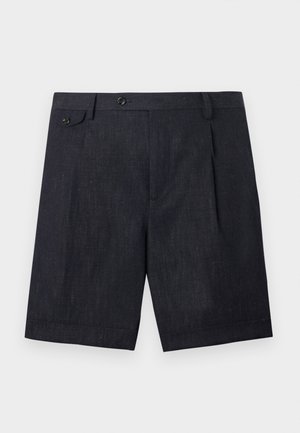 Pantaloni scurți negri, croiți, cu pliuri frontale, curele pentru brâu, buzunar lateral cu nasturi și închidere cu nasturi, pe un fundal neutru.