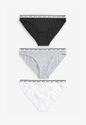 Three pairs of women's briefs: black, gray, and white, with elastic waistbands featuring a repeated "NEXT" logo in black. Cotton material, basic design.