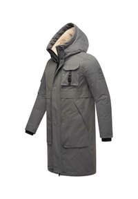 Sivina izolirana parka s kapuco obloženo s krznom, dvema sprednjima žepoma in zadrgo. Ima elastične manšete in vezeno logotip na rokavu.