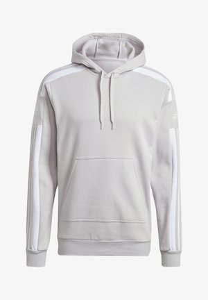 Lichtgrijze hoodie met een voorzak, capuchon met trekkoorden en witte zijstrepen. Gemaakt van zacht stof, voorzien van geribbelde manchetten en zoom.