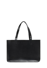 Svart rektangulär läderhandväska med två medellånga handtag, slät yta och minimalistisk design på en vit bakgrund.