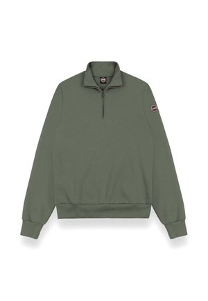 Zelená bavlněná mikina s čtvrtzipem na krku, žebrovanými manžetami a žebrovaným lemem. Na levém rukávu je našitá logo značka.