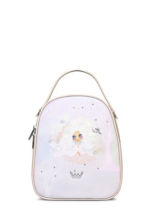 Child-shaped backpack made of soft pastel material. Features an illustration of a girl with curly hair, crystals, and a subtle tree pattern.