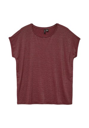 T-shirt à manches courtes maroon à rayures, coupe ample, avec un col rond, posé à plat sur un fond blanc.