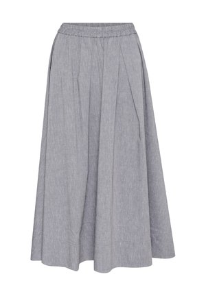 Jupe midi plissée grise avec une taille élastique, fabriquée dans un tissu léger, présentant une texture subtile et une silhouette fluide.