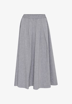 Grå plisseret midi nederdel med elastisk talje, lavet af et letvægtsstof, der har en subtil tekstur og en svævende silhuet.