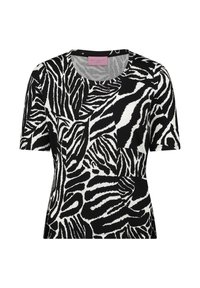 Top corto a maniche corte bianco e nero con motivo a strisce zebrate, collo a giro, e texture liscia. Realizzato in tessuto a maglia.