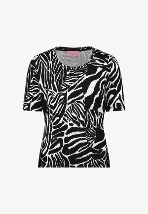 Sort og hvid kortærmet top med zebrastribemønster, rund hals og glat overflade. Fremstillet af strikket stof.