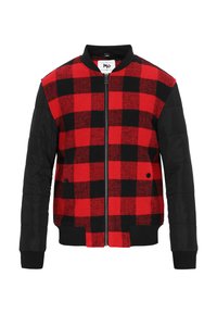 Rood-zwart geruit bomberjack met gewatteerde zwarte mouwen, ritssluiting aan de voorkant, geribde manchetten en een logolabel op de kraag.
