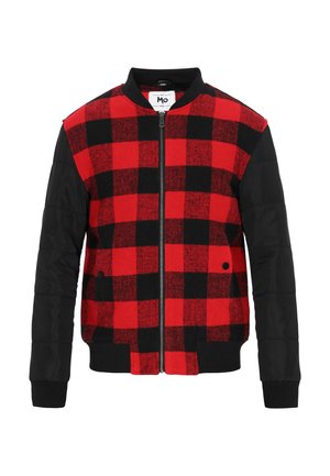Red and black checkered bomber jacket with padded black sleeves, front zipper, ribbed cuffs, and logo label on the collar.