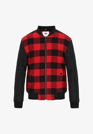 Rote und schwarze kariert Bomberjacke mit gepolsterten schwarzen Ärmeln, Frontreißverschluss, gerippten Bündchen und Logolabel am Kragen.