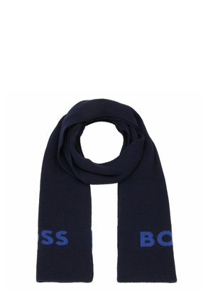 Sciarpa lavorata a maglia di colore navy realizzata in tessuto morbido, presenta un motivo con logo blu alle estremità. Texture liscia, forma rettangolare allungata.