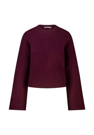 Langärmeliger, dunkelvioletter Strickpullover mit Rundhalsausschnitt und geripptem Saum, auf weißem Hintergrund dargestellt.