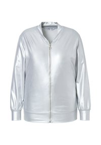 Metalická stříbrná bomber bunda s dlouhými rukávy, zapínání na zip vpředu, žebrované manžety a lem, s hladkým, lesklým povrchem.
