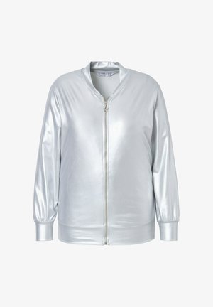 Veste bomber argentée métallique à manches longues, fermeture à glissière sur le devant, poignets et ourlet côtelés, avec une finition lisse et brillante.
