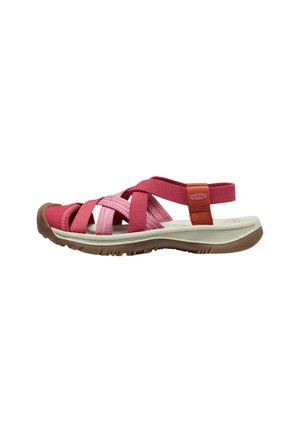 Sandalo rosso e rosa con cinturini, suola beige imbottita e suola esterna in gomma marrone, progettato per il comfort e l'uso all'aperto.