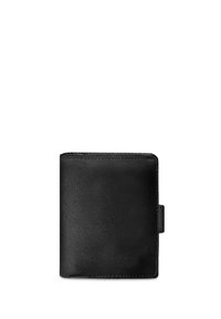 Black leather wallet with a smooth texture, bi-fold design, and a side tab. Compact shape, minimal stitching, and no visible branding.