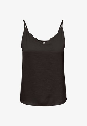 Sort ærmeløs camisole med bølget v-halsudskæring og tynde skulderstropper, lavet af glat, let stof.