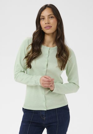 Žena s dlhými hnedými vlasmi, oblečená v svetlozelenej zapínanej kardigáne a tmavomodrých džínsoch, stojaca pred jednoliatym svetlým pozadím.