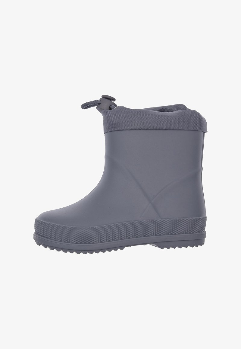 Botte de pluie grise imperméable montant à la cheville avec semelle texturée et manchette en tissu ajustable avec fermeture à bascule en haut.