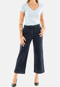 Maglietta a V di colore azzurro abbinata a pantaloni a gamba larga blu scuro, dotati di chiusura a bottone e texture liscia. Tacchi alti neri completano l'outfit.