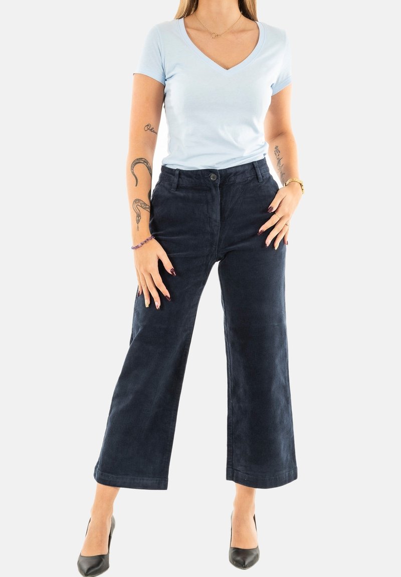 Maglietta a V di colore azzurro abbinata a pantaloni a gamba larga blu scuro, dotati di chiusura a bottone e texture liscia. Tacchi alti neri completano l'outfit.