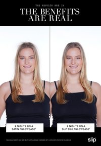 Frau mit glatten blonden Haaren und schwarzem Tanktop zeigt glatteres Haar nach 2 Nächten auf einem Kissenbezug aus Seiden-Slip im Vergleich zu einem Satin-Kissenbezug.