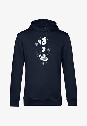 Felpa blu navy con cappuccio e cordino, caratterizzata da una grafica di un pinguino e fiocchi di neve. Realizzata in tessuto morbido, adatta per un look casual.