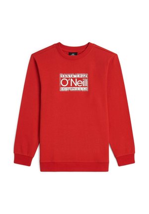 Červená mikina s textúrovaným bielym obdĺžnikovým logom s nápisom "SANTA CRUZ O'Neill CALIFORNIA U.S.A." umiestneným v strede prednej strany.