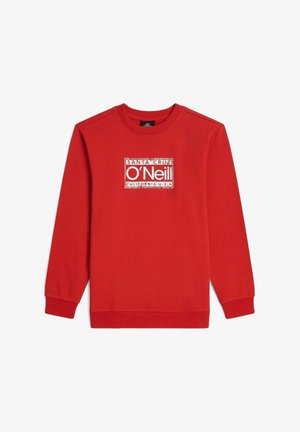 Punane dressipluus, millel on tekstuuriga valge ristkülikukujuline logo, mille keskel on trükitud sõnad "SANTA CRUZ O'Neill CALIFORNIA U.S.A.".