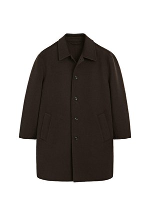Dark brown mid-length coat with button closure, side pockets, and a classic collar against a white background.